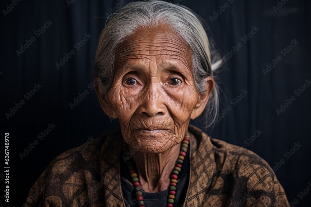 Portrait of a 100-year-old elderly Indonesian woman in an abstract background wearing a chic cardigan Portrait of a 100-year-old elderly Indonesian woman in an abstract background wearing a chic cardigan