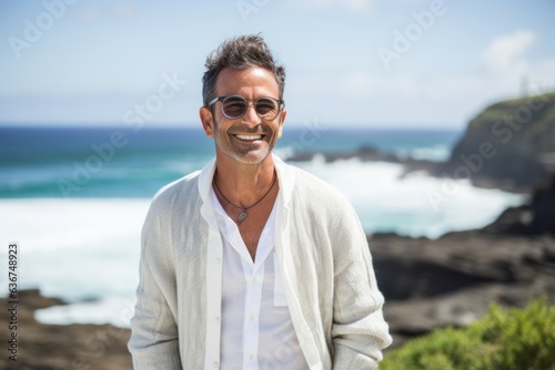 Portrait of smiling man standing by the ocean on a sunny day