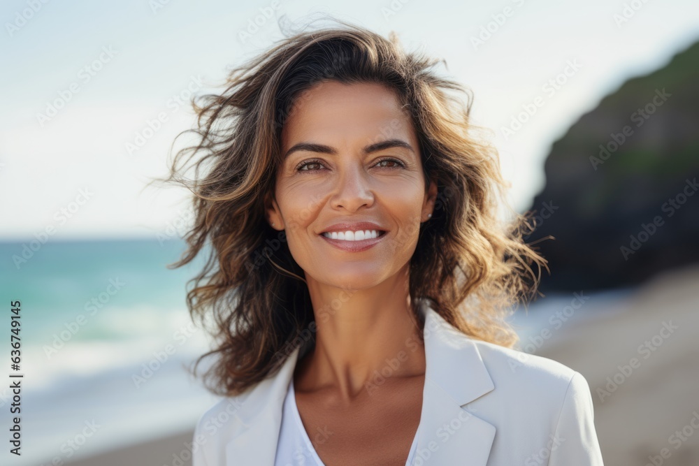 Portrait of a smiling businesswoman standing on the beach at the day time Portrait of a smiling businesswoman standing on the beach at the day time