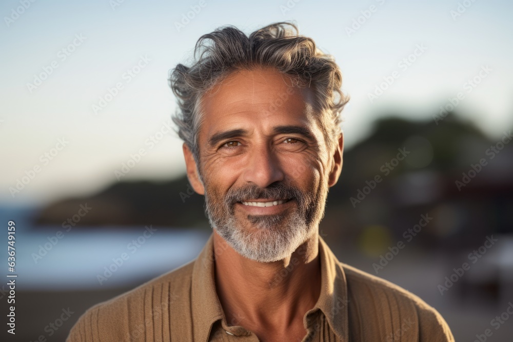 Portrait of handsome mature man smiling at camera at beach during sunny day Portrait of handsome mature man smiling at camera at beach during sunny day