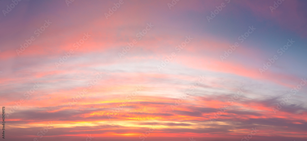 Amazing Panoramic view of  Sunset  Sunrise Sundown Sky with colorful clouds,  panorama, summer time. Without any birds. Real sky