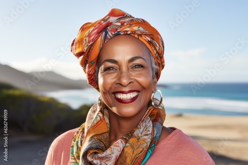 Portrait of smiling african american woman wearing headscarf on the beach