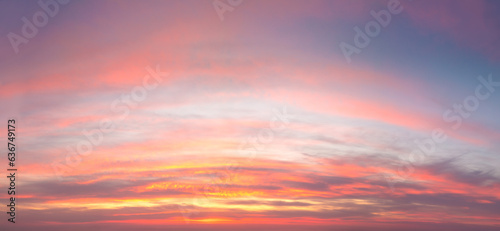 Fototapeta Naklejka Na Ścianę i Meble -  Amazing Panoramic view of  Sunset  Sunrise Sundown Sky with colorful clouds,  panorama, summer time. Without any birds. Real sky