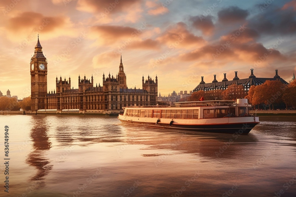 London skyline with boat on Thames and Big Ben in the background, UK. Generative AI