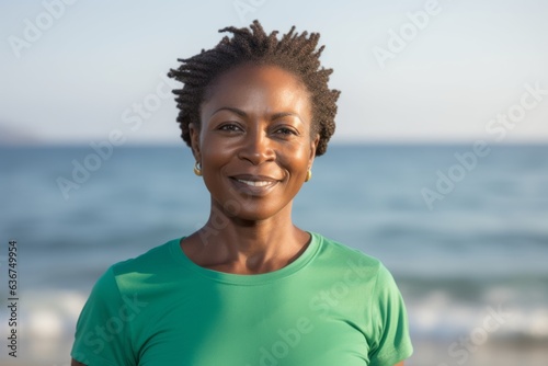Portrait of happy african american woman smiling at camera on beach © Eber Braun
