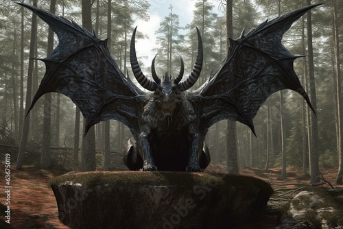 A mythical beast with animal head, hooves, horns & bat wings. Spotted in Pine Barrens. 3D rendering. Generative AI photo