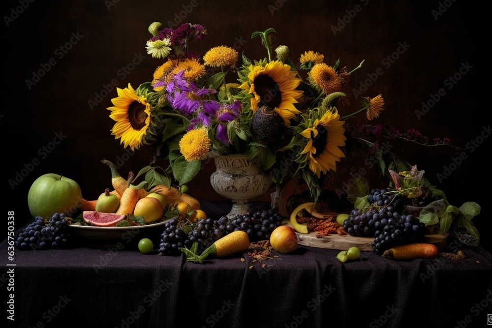 Table adorned with yellow sunflowers and purple flowers against black background. Generative AI