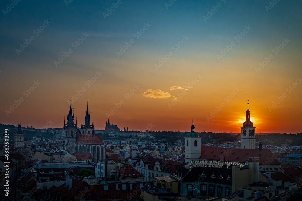 Aerial view of the cityscape of Prague at sunset in Czechia