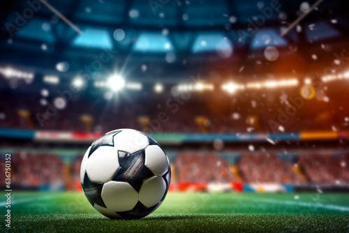 Soccer ball in brightly lit stadium with dark background. Generative AI