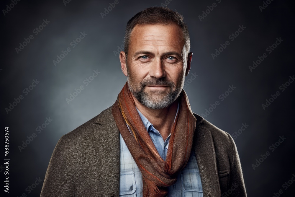 Portrait of a Russian man in his 40s in an abstract background wearing a chic cardigan Portrait of a Russian man in his 40s in an abstract background wearing a chic cardigan