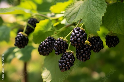 Picture of blackberries in a garden. Includes both ripe and unripe berries on a bush. Food. Generative AI