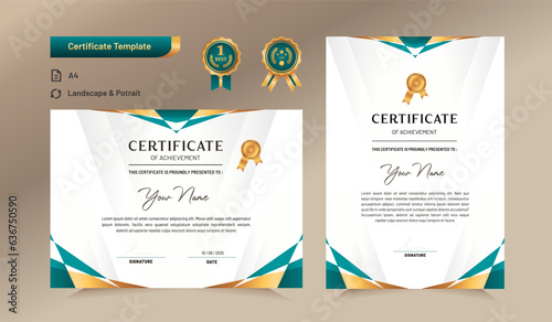 Green and gold certificate of achievement template. For award, business, and education needs. Vector Illustration