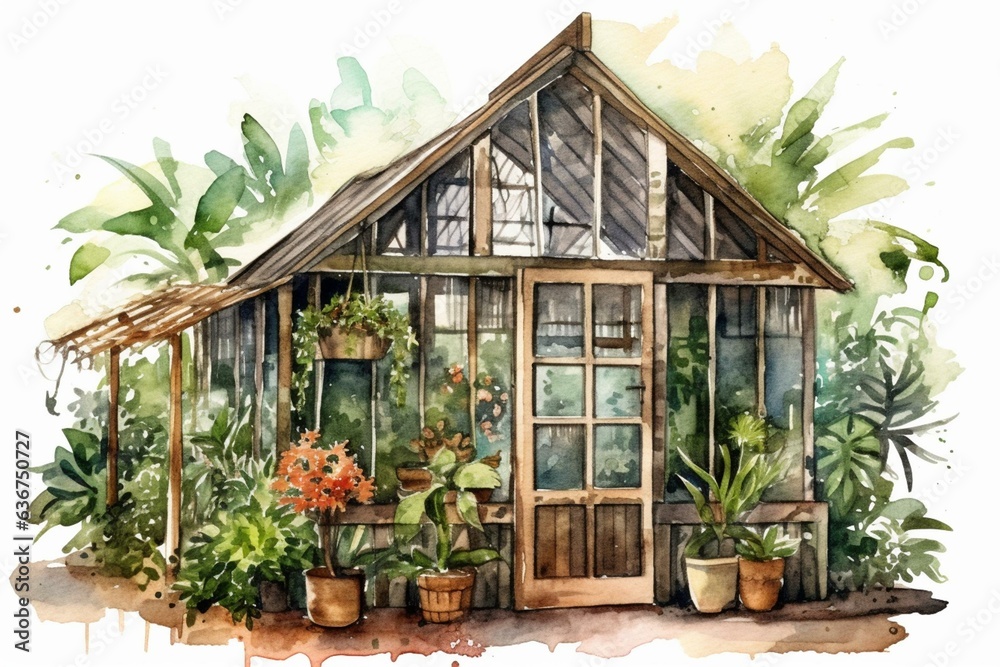 Watercolor illustration of wooden tropical greenhouse garden for indoor green house. Generative AI