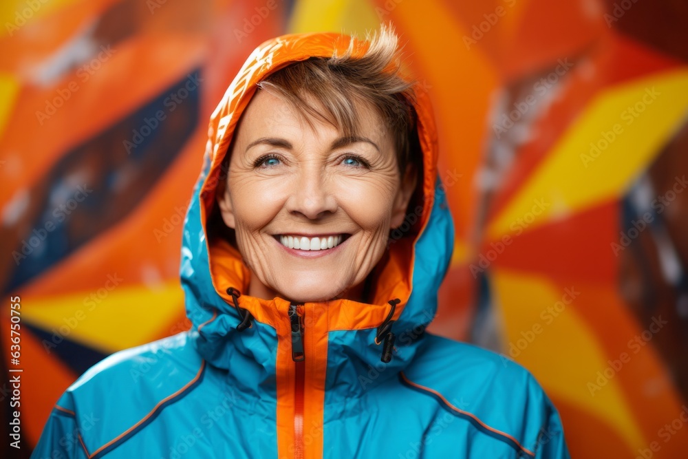 Portrait of a Russian woman in her 50s in an abstract background wearing a lightweight windbreaker