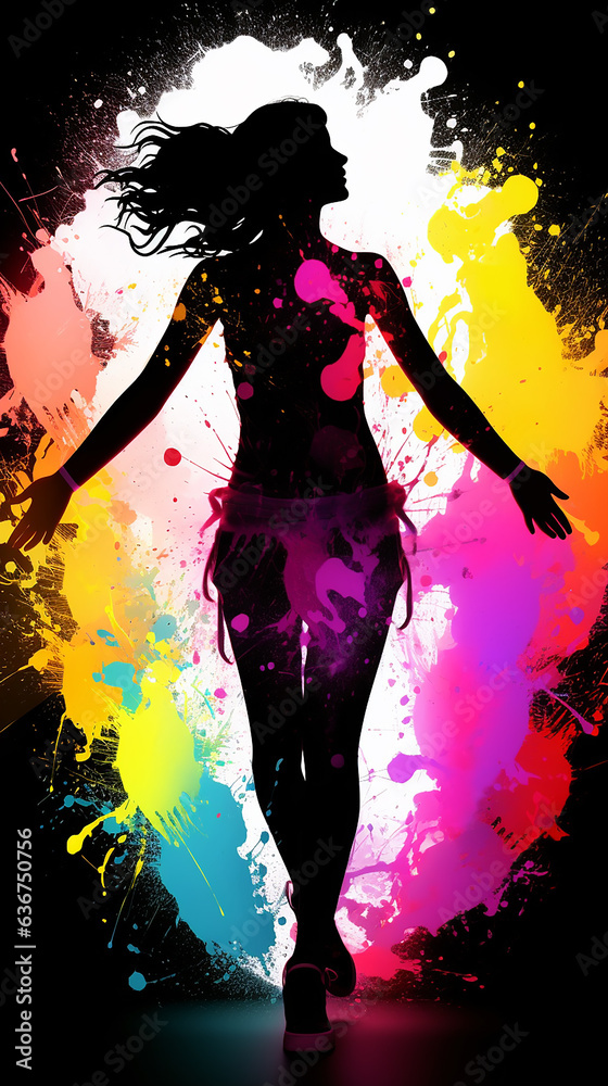 silhueta da bela obra-prima de fitness corporal de mulher com explosão de cores, festival de holi silhueta da bela obra-prima de fitness corporal de mulher com explosão de cores, festival de holi