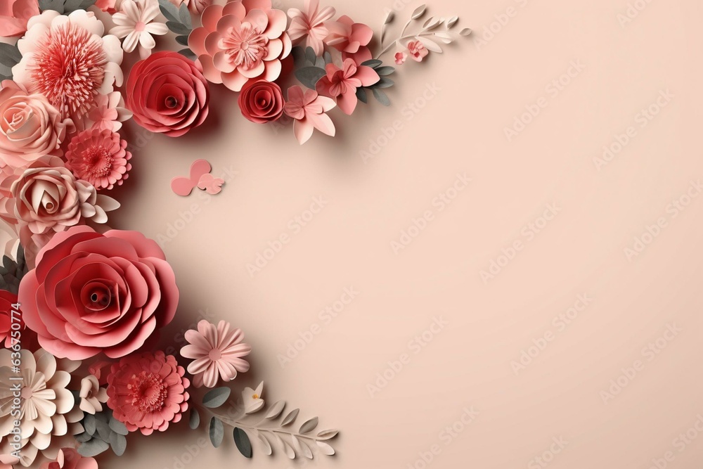 Lovely Mother's Day backdrop with cherished heart, paper flowers art & blank space. Generative AI