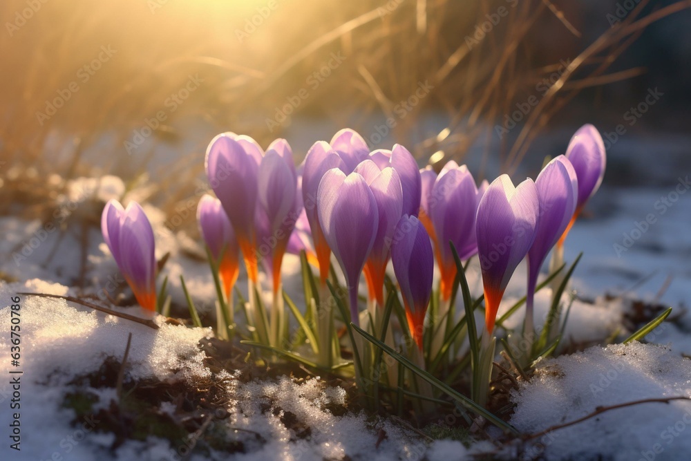 Crocus blooms on melted snow with sunlight signal the end of winter. Generative AI - obrazy, fototapety, plakaty 