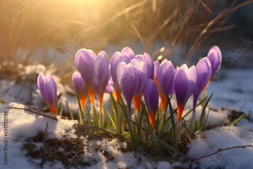 Crocus blooms on melted snow with sunlight signal the end of winter. Generative AI