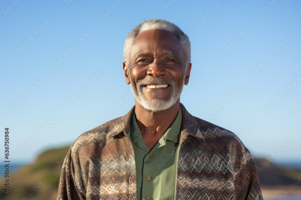 Portrait of smiling senior man standing by sea on a sunny day