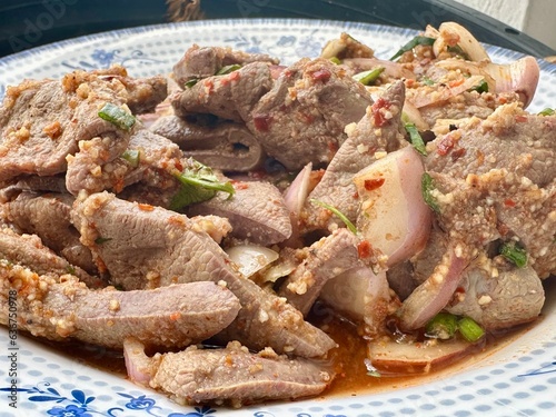 Spicy Liver Salad on a plate, Thai  food