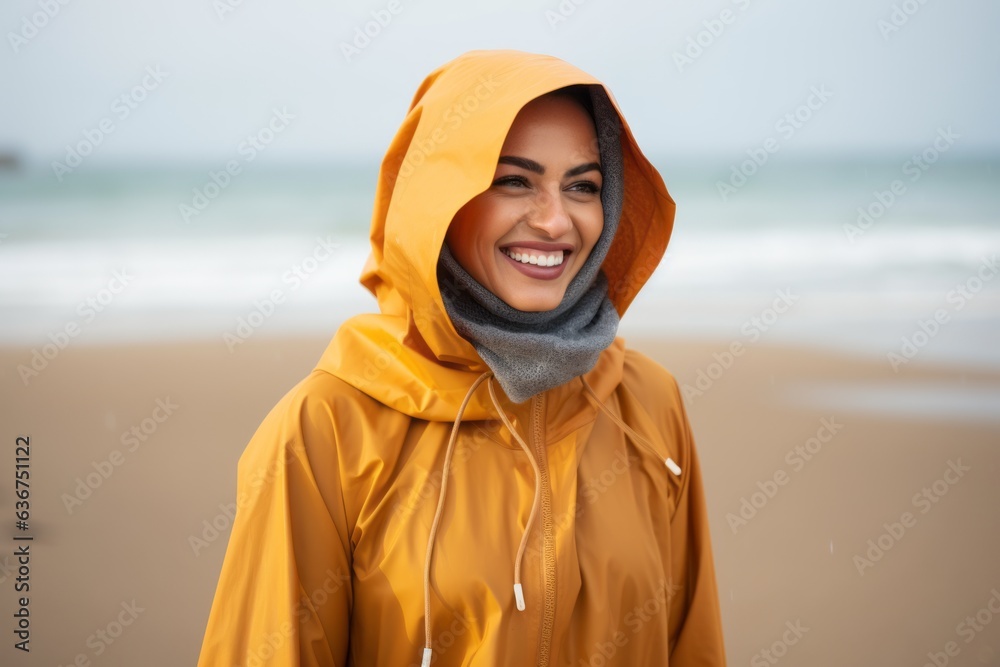 Portrait of a smiling young woman wearing a yellow raincoat at the beach Portrait of a smiling young woman wearing a yellow raincoat at the beach