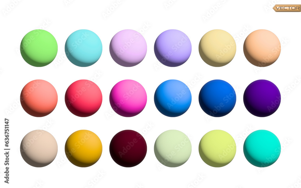 Realistic vector 3D rendering of solid sphere shapes in multiple bright colors on an isolated white background Realistic vector 3D rendering of solid sphere shapes in multiple bright colors on an isolated white background