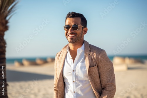 Handsome young man in sunglasses standing on the beach and smiling