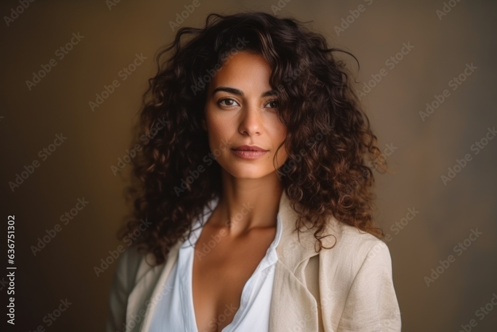Medium shot portrait of a Brazilian woman in her 30s in an abstract background wearing a chic cardigan Medium shot portrait of a Brazilian woman in her 30s in an abstract background wearing a chic cardigan