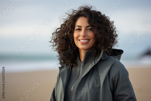 Portrait of a smiling young woman with curly hair on the beach © Eber Braun