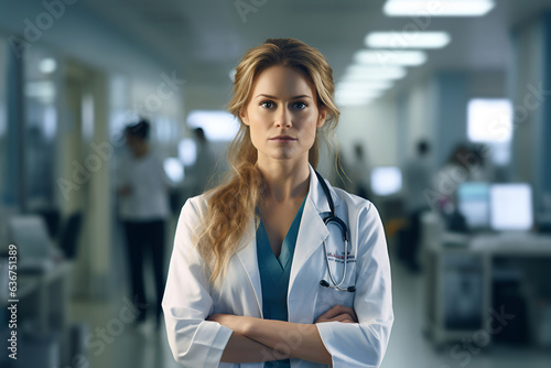 Serious German Female Doctor in a Hospital Corridor