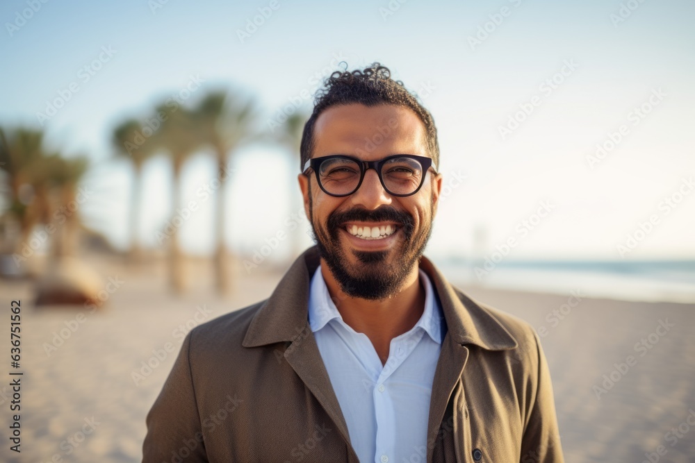 Portrait of a smiling young man wearing eyeglasses on the beach Portrait of a smiling young man wearing eyeglasses on the beach