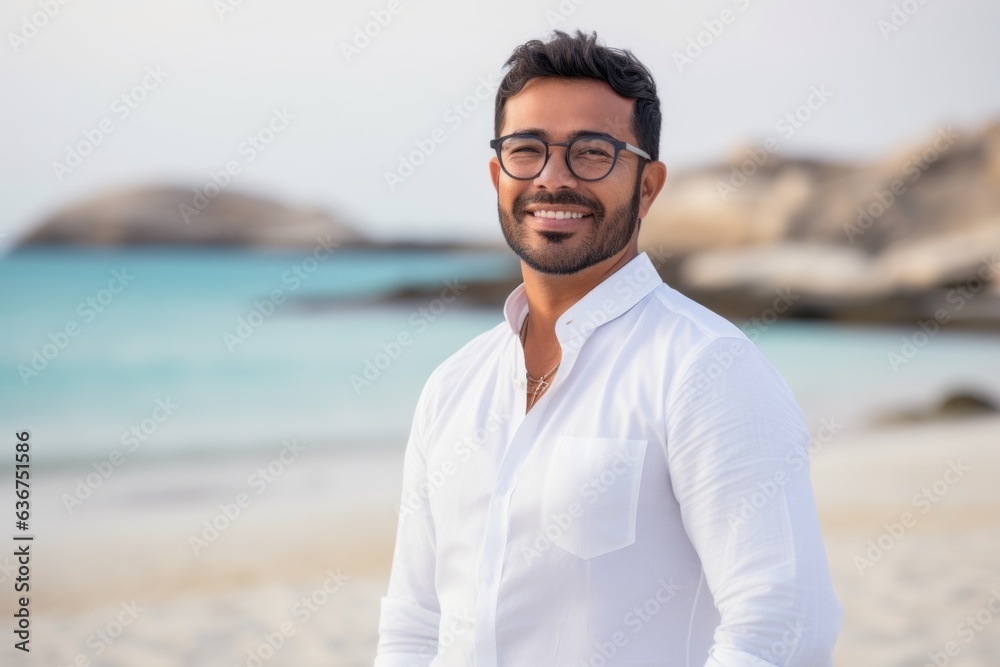 Portrait of handsome man with eyeglasses smiling at camera on beach