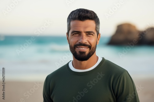 Portrait of handsome man smiling at camera on beach in the morning
