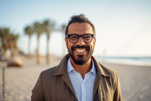 Portrait of a smiling young man wearing eyeglasses on the beach