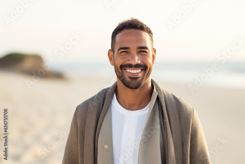 portrait of smiling african american man in coat on beach