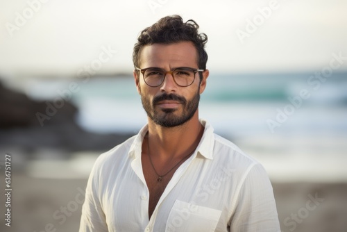 Portrait of handsome man with eyeglasses standing on the beach
