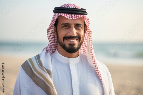 Portrait of smiling arabian man on the beach at sunrise