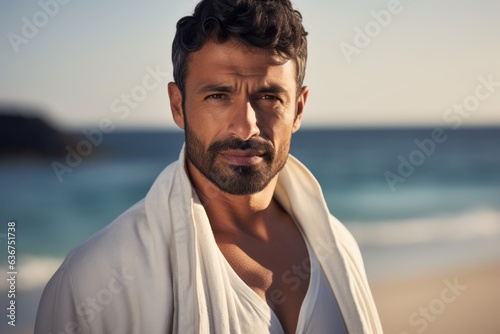 Portrait of handsome man wrapped in towel on the beach at the day time