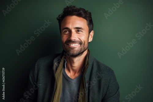 Portrait of a Brazilian man in his 30s in an abstract background wearing a chic cardigan