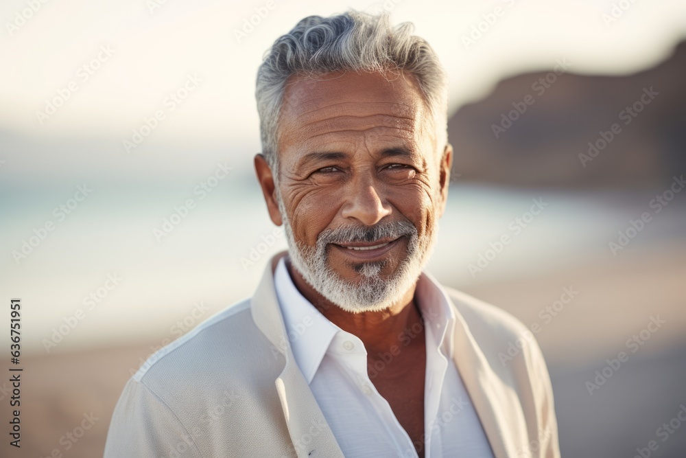 Portrait of senior man smiling at camera on beach during sunny day