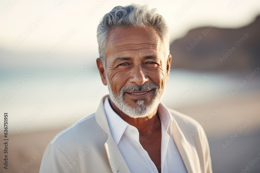 Portrait of senior man smiling at camera on beach during sunny day Portrait of senior man smiling at camera on beach during sunny day