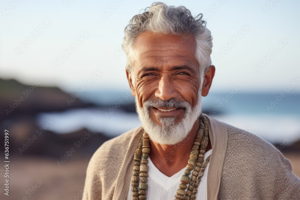 Portrait of smiling senior man standing on the beach at the day time