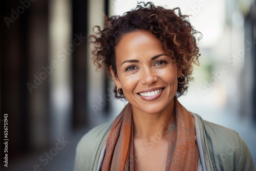 Portrait of a Brazilian woman in her 40s in an abstract background wearing a chic cardigan