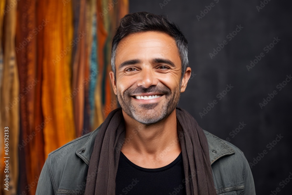Portrait of a Brazilian man in his 40s in an abstract background wearing a chic cardigan