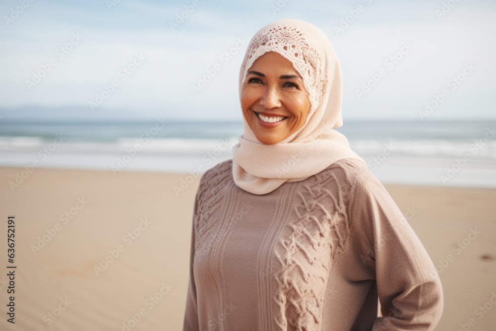 Portrait of smiling muslim woman in hijab standing on the beach Portrait of smiling muslim woman in hijab standing on the beach