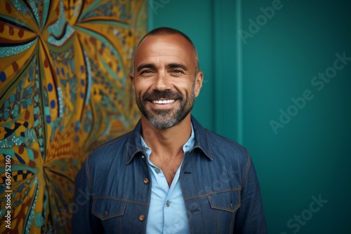 Portrait of a Brazilian man in his 40s in an abstract background wearing a chic cardigan