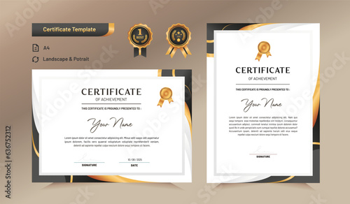 Black and gold certificate of achievement template. For award, business, and education needs. Vector Illustration