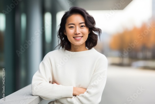 portrait of smiling asian woman with arms crossed in urban background
