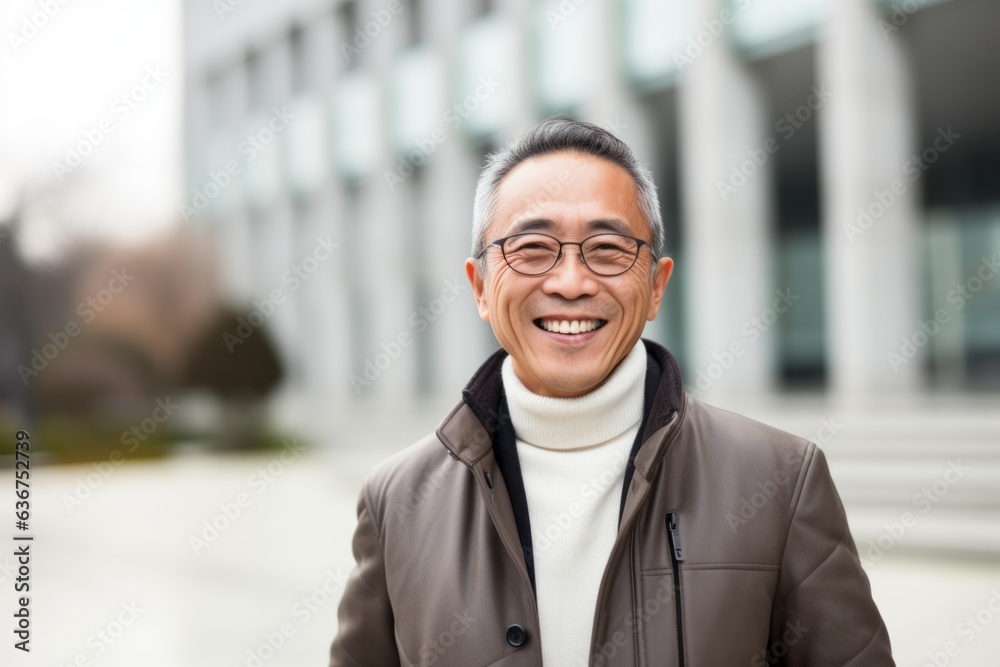 Naklejka premium Portrait of a smiling asian senior man in front of office building