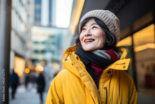Happy asian senior woman in yellow coat and hat walking in the city